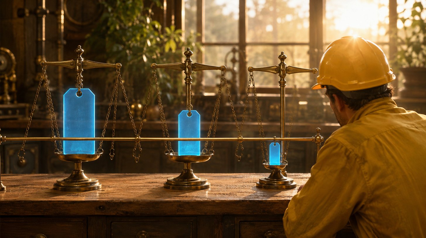 Three brass scales in a row, each holding a differently sized glowing tag, with a fixed rail crossing in front of them