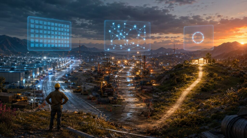 A contractor in a hard hat seen from behind at dusk, looking out over a valley of job sites where three different roads lead away from him
