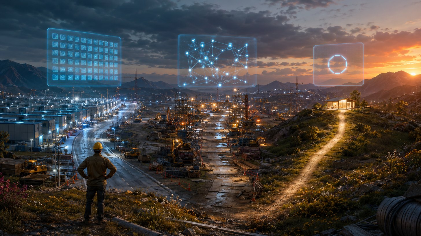 A contractor in a hard hat seen from behind at dusk, looking out over a valley of job sites where three different roads lead away from him