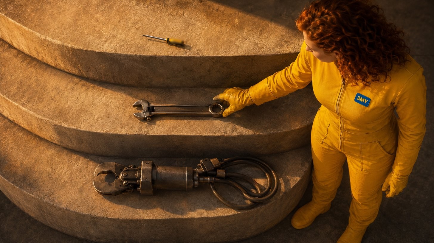 Three tools laid out on three descending stone steps, each heavier than the one above it