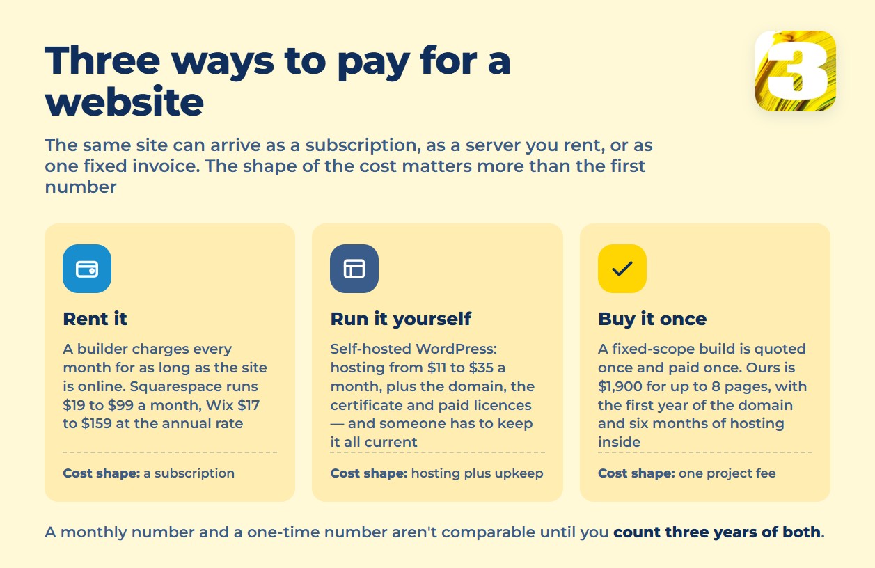 Infographic: three ways to pay for a website — subscription, self-hosting, one fixed fee