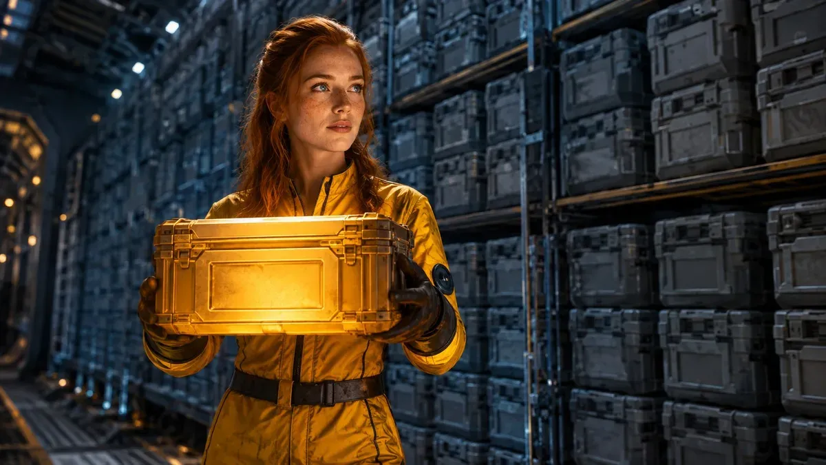 Holding one crate lit in gold in front of racks of identical grey ones — product and category pages given descriptions of their own