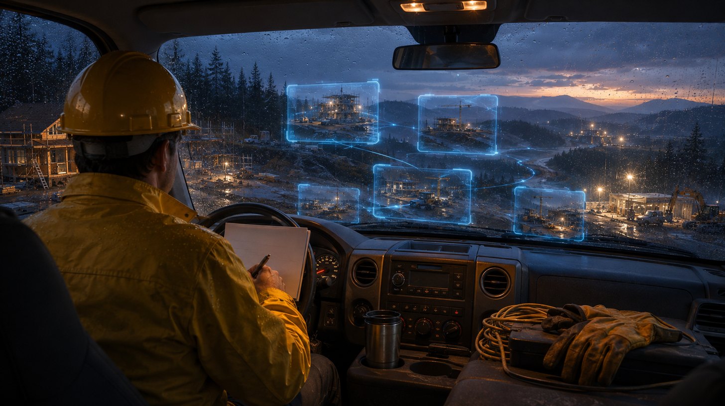 A worker filling in a blank paper pad on the steering wheel of a pickup at dusk, with five faint glowing fragments of different job sites drifting beyond the windshield
