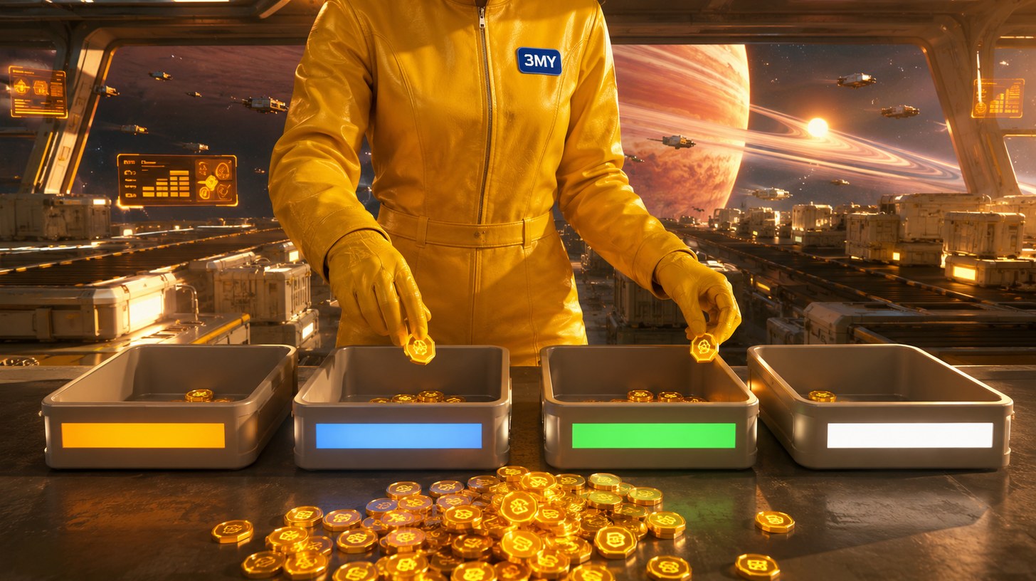 Gloved hands dropping small glowing tokens into four separate sorting bins