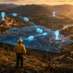 A worker in yellow on a ridge above a valley with three separate construction sites, a glowing map floating in front of him and crates drifting between the sites