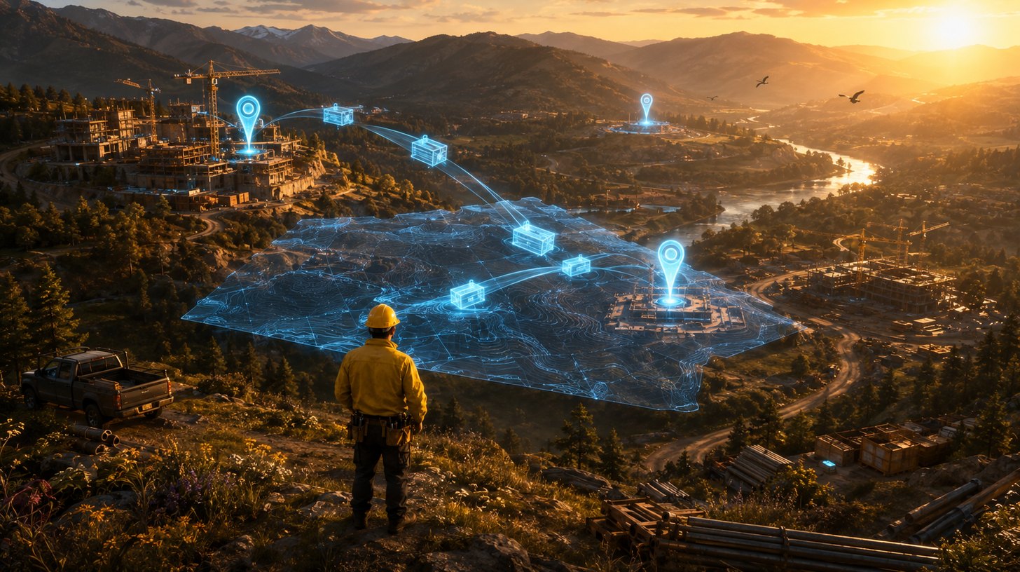A worker in yellow on a ridge above a valley with three separate construction sites, a glowing map floating in front of him and crates drifting between the sites