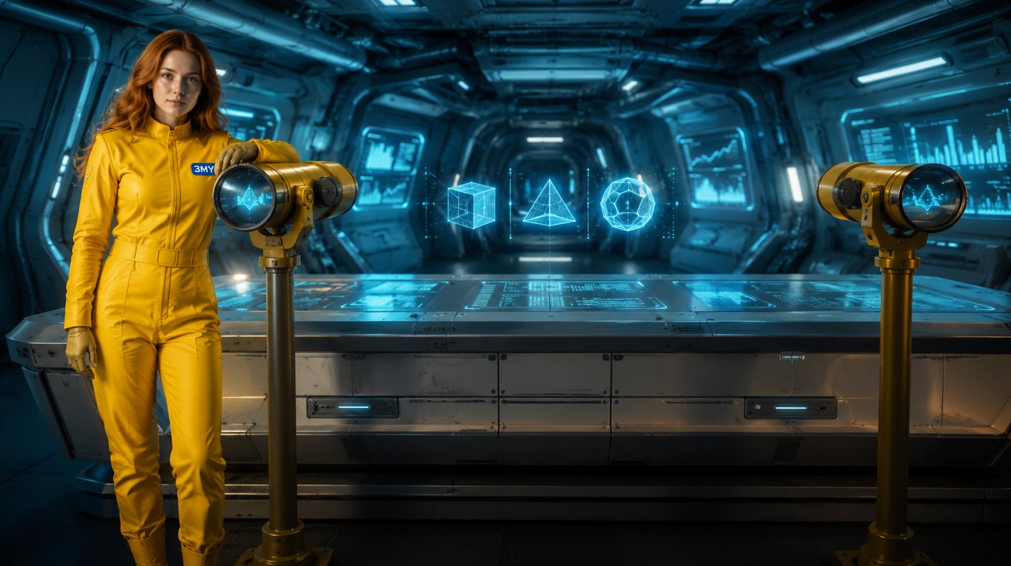 Two identical viewing scopes at opposite ends of a console aimed at the same holographic structures