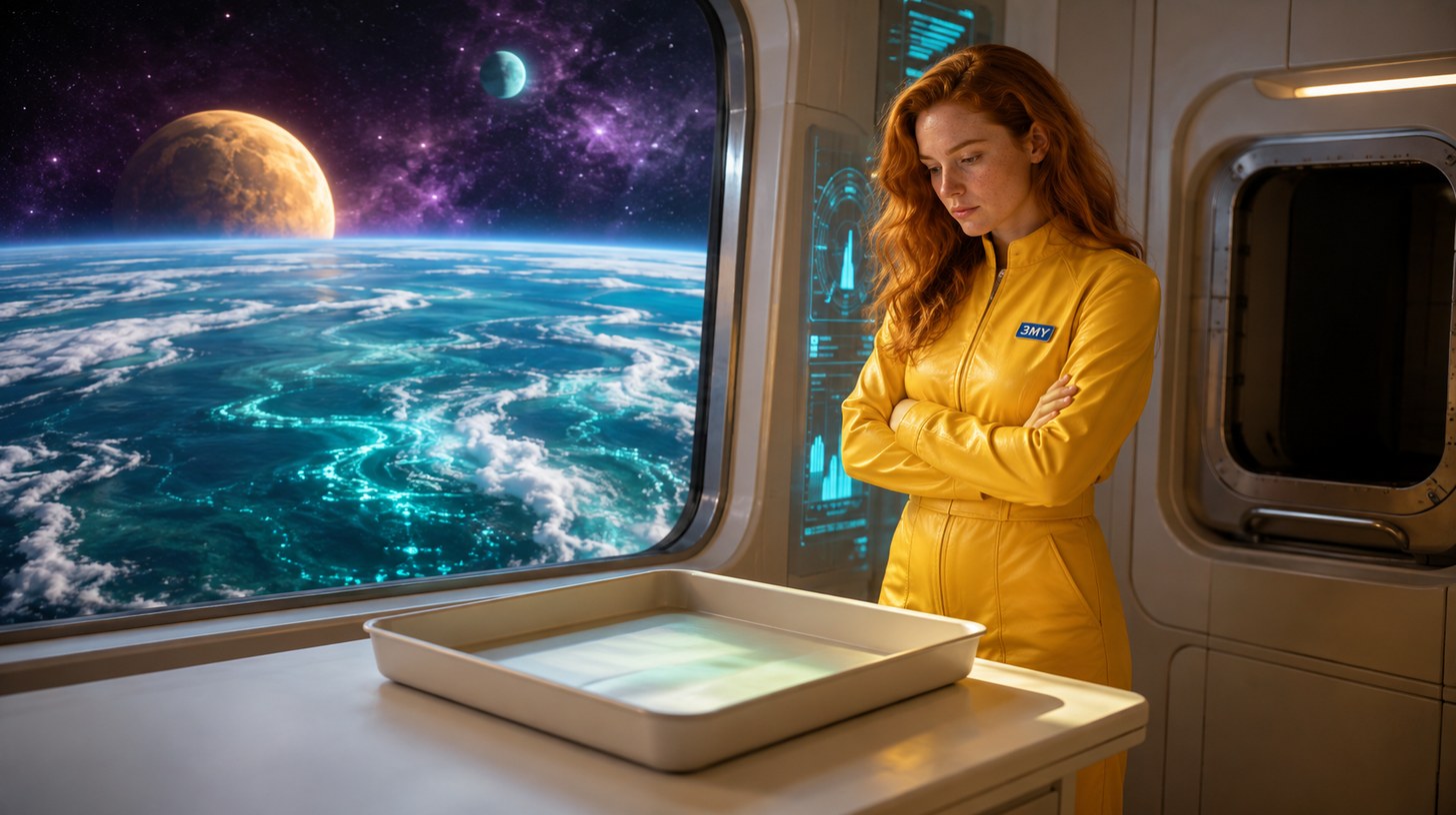 A crew member waiting with folded arms in front of a completely empty in-tray