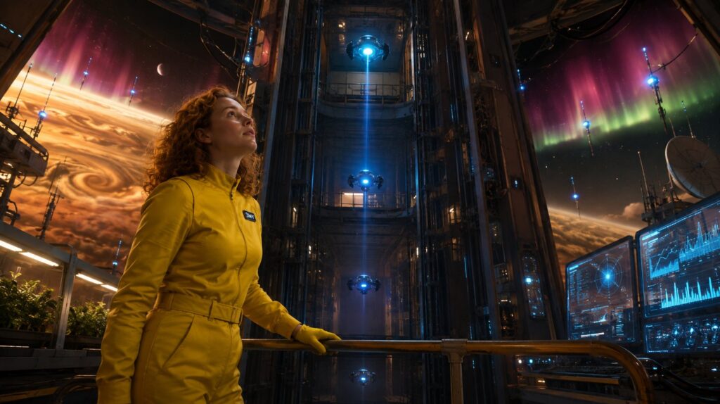 A crew member looking up a bidding shaft where the highest of three beacons is lit and connected to a doorway