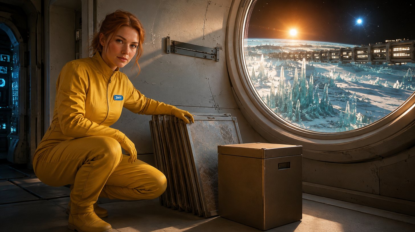 A crew member crouching beside flat panels and a sealed box left behind in an emptied bay