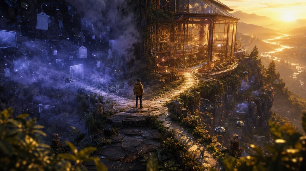 A figure at a fork in the path: on one side, blank price tags float in cold fog; on the other, a sunlit pavilion shows all of its machinery