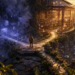 A figure at a fork in the path: on one side, blank price tags float in cold fog; on the other, a sunlit pavilion shows all of its machinery
