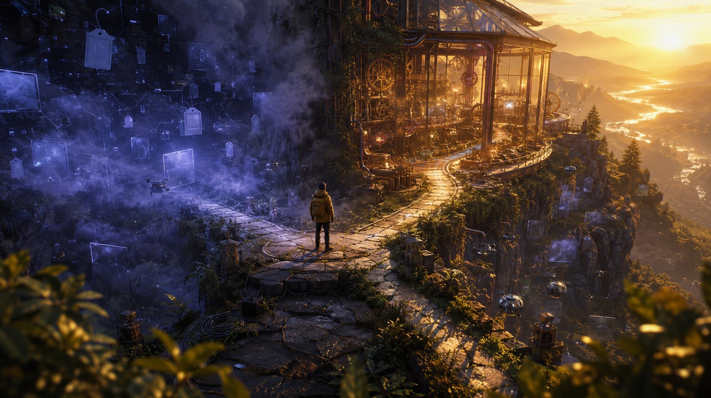 A figure at a fork in the path: on one side, blank price tags float in cold fog; on the other, a sunlit pavilion shows all of its machinery