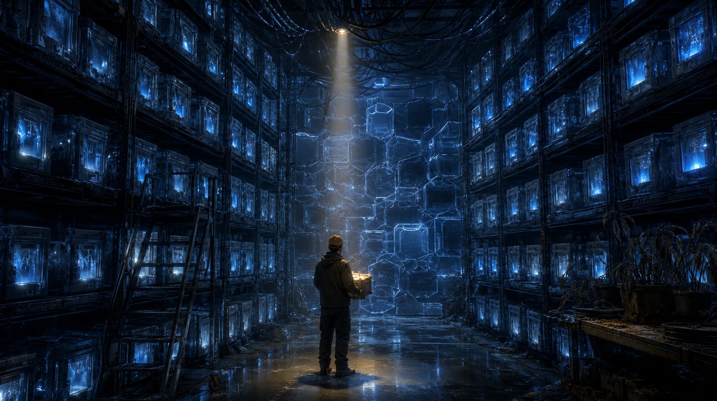 A dim archive aisle of identical containers glowing cold blue behind a translucent barrier, with a contractor holding one crate under a single warm beam of light
