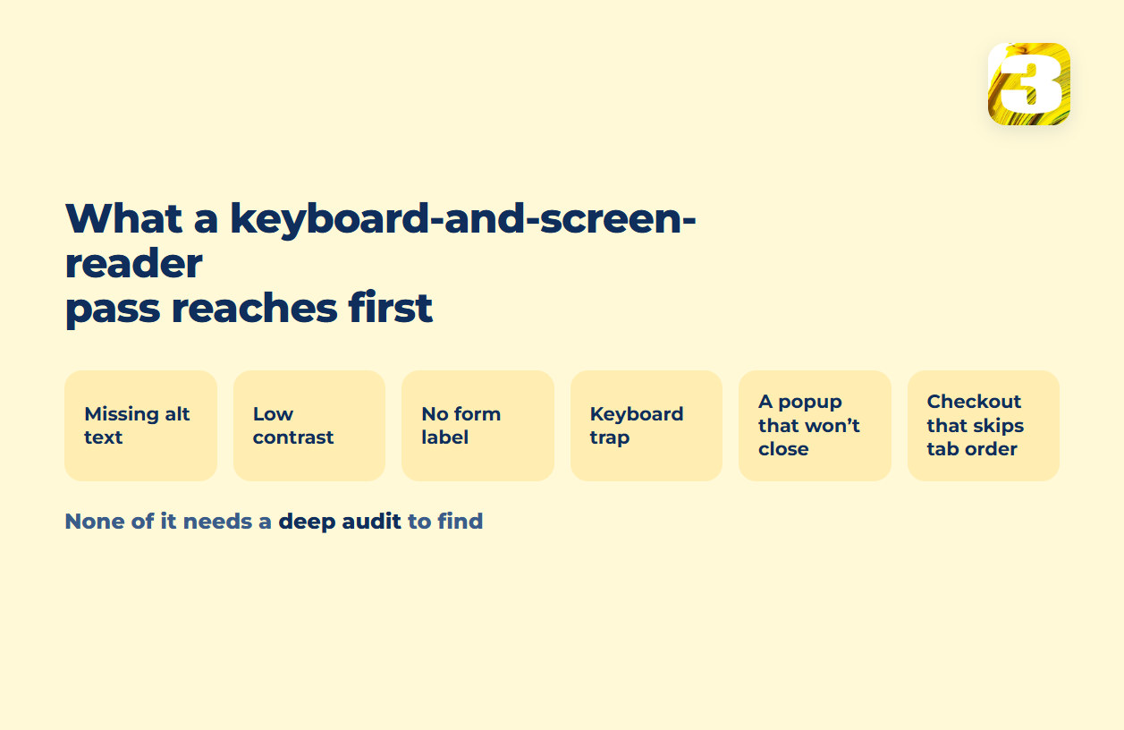 Schema: the barriers a keyboard-and-screen-reader pass reaches first — missing alt text, low contrast, an unlabelled form field, a keyboard trap, a popup that will not close, a checkout that skips tab order
