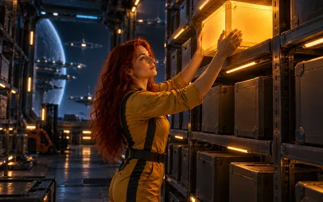 Crew member lifting a glowing parcel onto the top shelf of a cargo warehouse