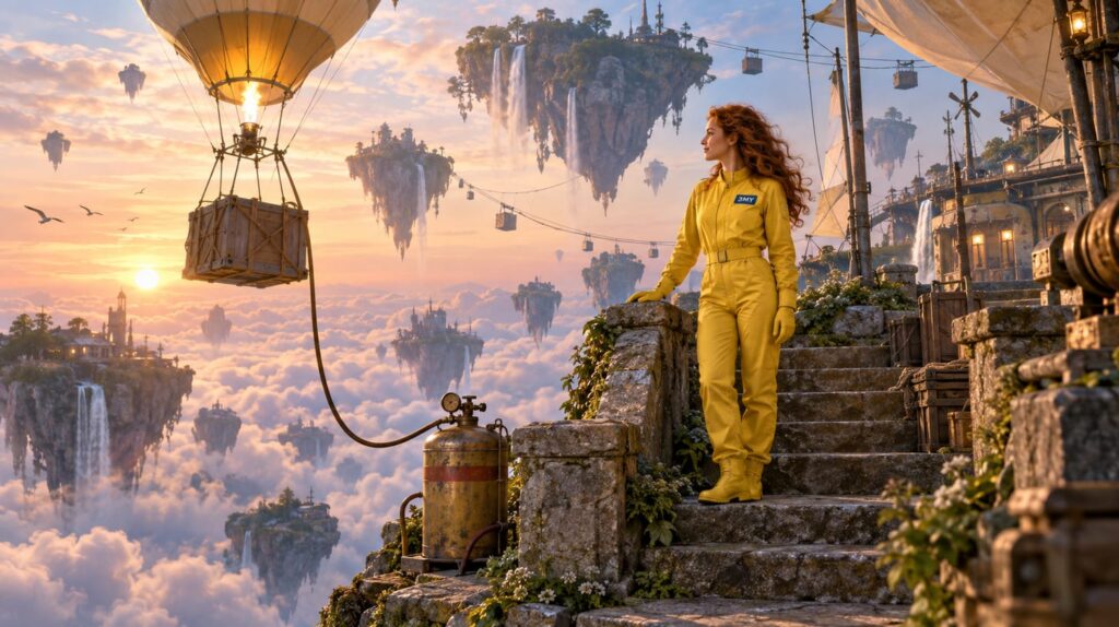 A cargo balloon rising on a burner fed by a fuel canister running low, beside a permanent stone stairway built into the rock