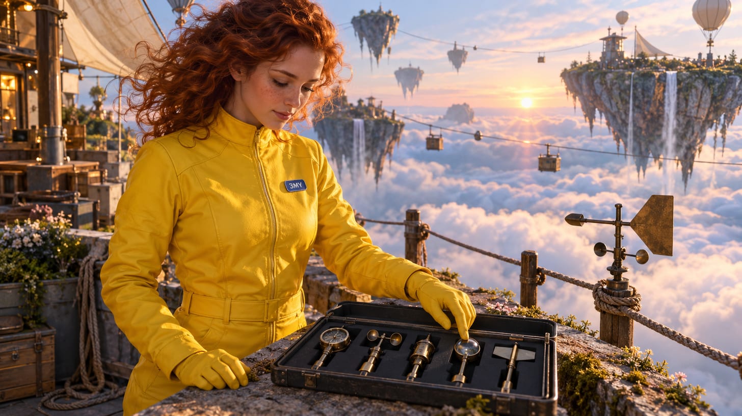 A crew member on a windy ledge checking a slim toolbox with five filled slots, one by one