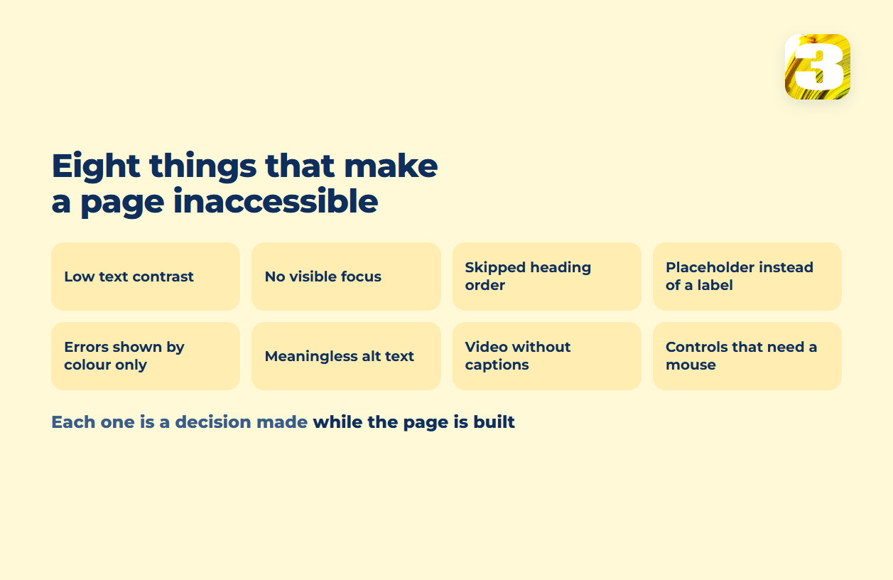 Schema: eight things that make a page inaccessible — low text contrast, no visible focus, skipped heading order, placeholder instead of a label, colour-only errors, meaningless alt text, video without captions, mouse-only controls