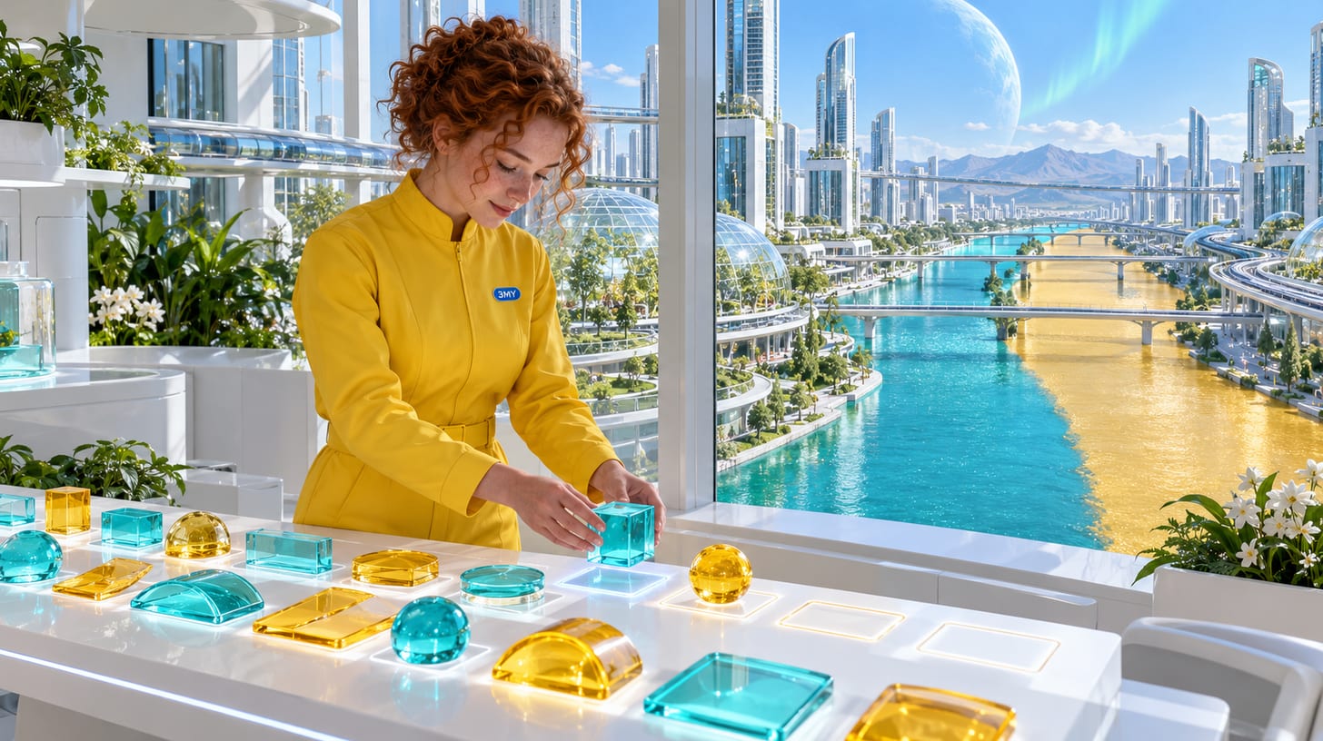 Table lumineuse avec des modules de verre en paires ambre et turquoise, où quelques modules ambre attendent encore leur double