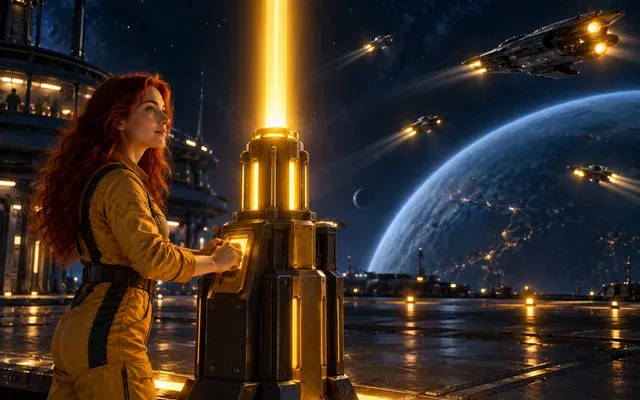 Crew member switching on a golden beacon as spaceships turn toward its light