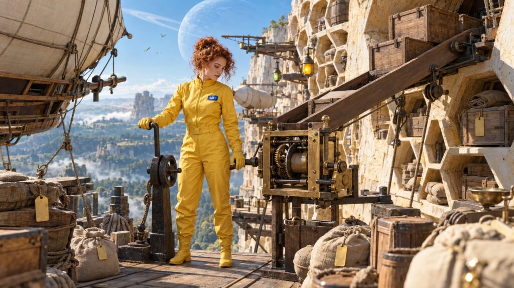 A crew member at a cargo chute choosing between a hand crank and a brass clockwork timer