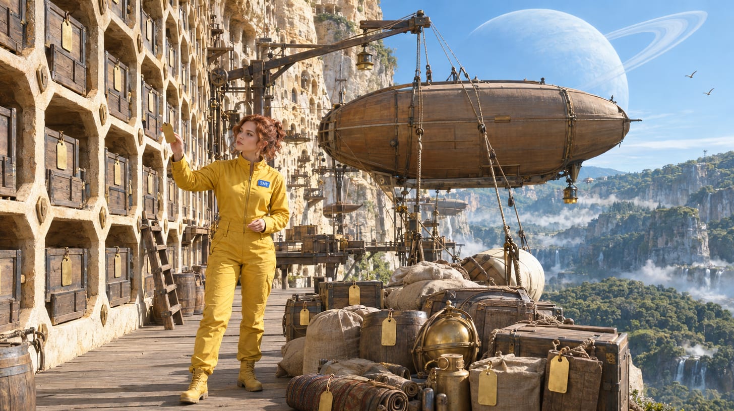 A crew member on a pier between a honeycomb wall of neatly stored identical crates and a freshly unloaded pile of mixed sacks, barrels and bundles