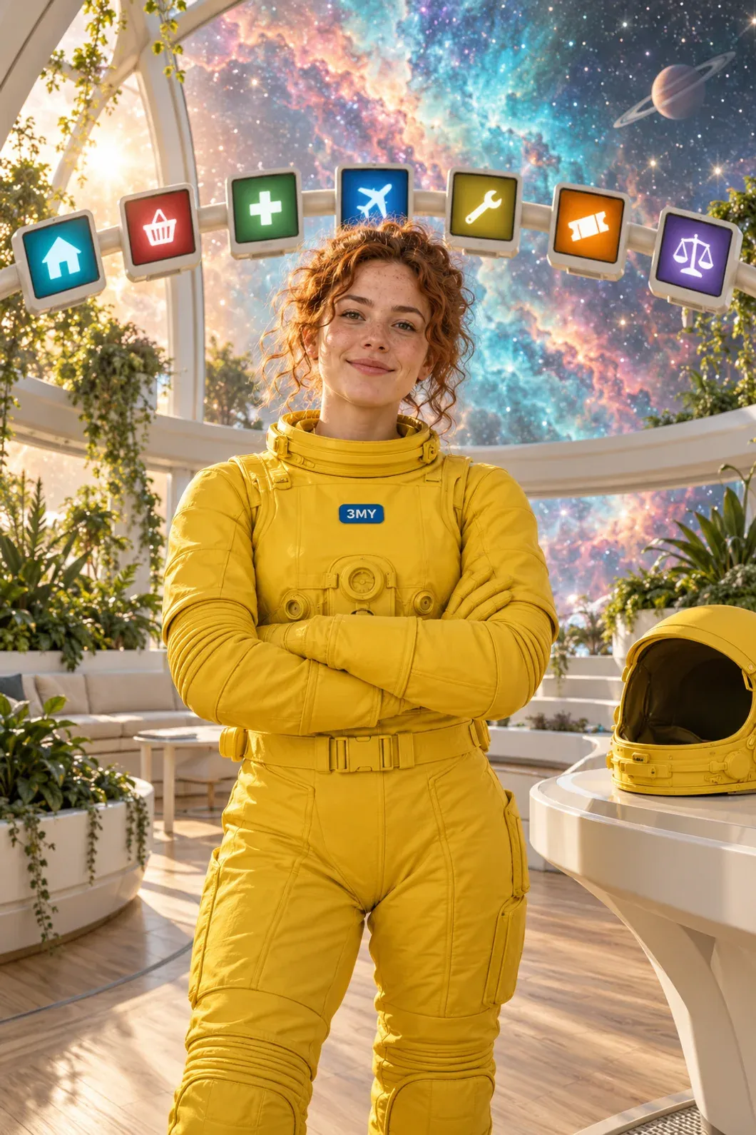 A woman in a bright yellow spacesuit on an orbital station, with screens showing industry pictograms above her — the industries 3MY runs Google Ads campaigns for
