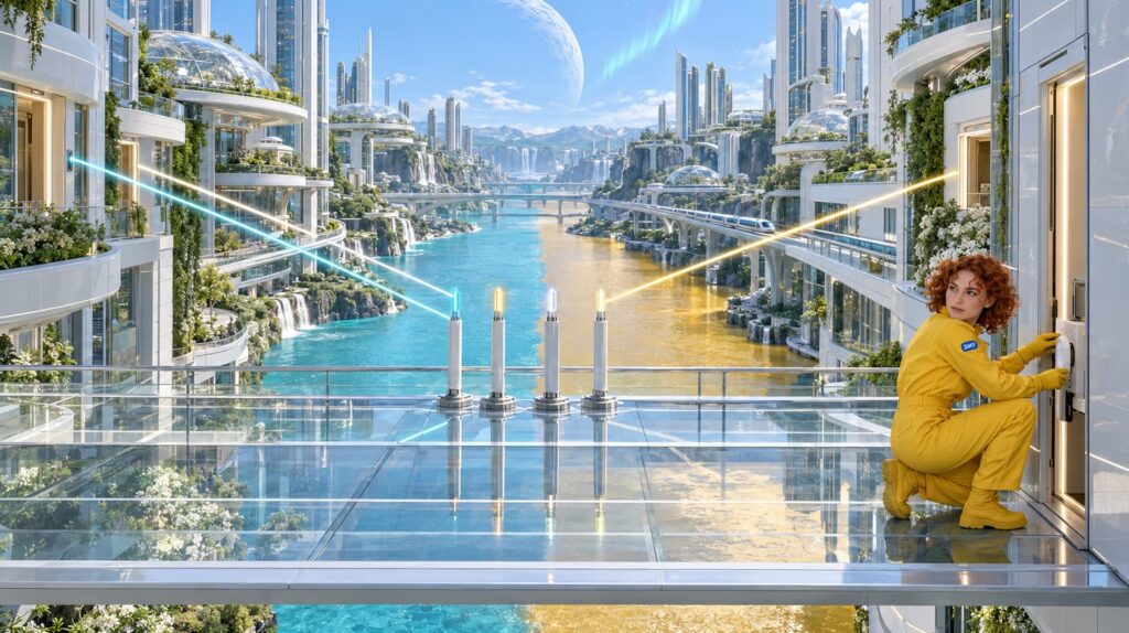 Glass skybridge with beacons beaming to doorways on both banks, and a crew member fitting the one doorway that did not beam back