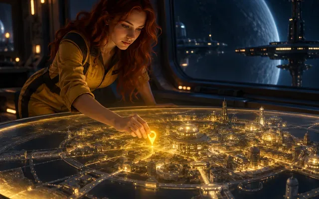 Crew member in a yellow jumpsuit placing a glowing golden location pin on a holographic town map