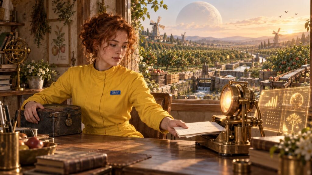 A crew member sliding loose notes toward a brass device with a glowing lens while keeping a locked iron strongbox on her side of the desk