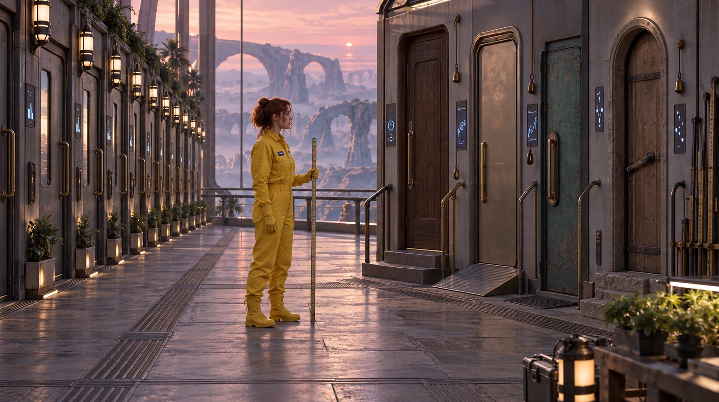 A long row of identical door modules on one side and four doors of four different designs on the other, with a crew member measuring at the boundary