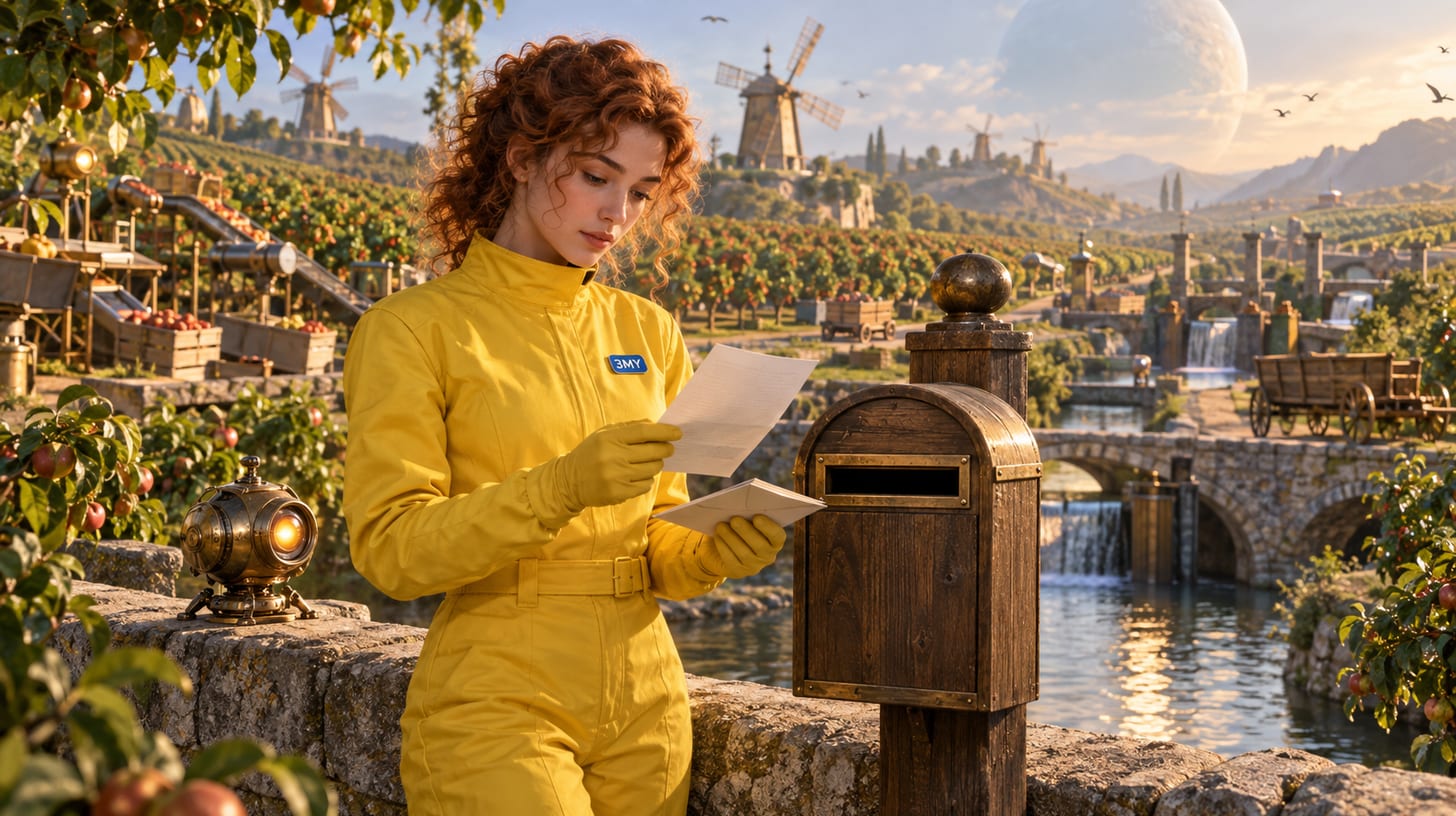A crew member reading a sheet one last time before sliding the envelope into a post box by a canal bridge