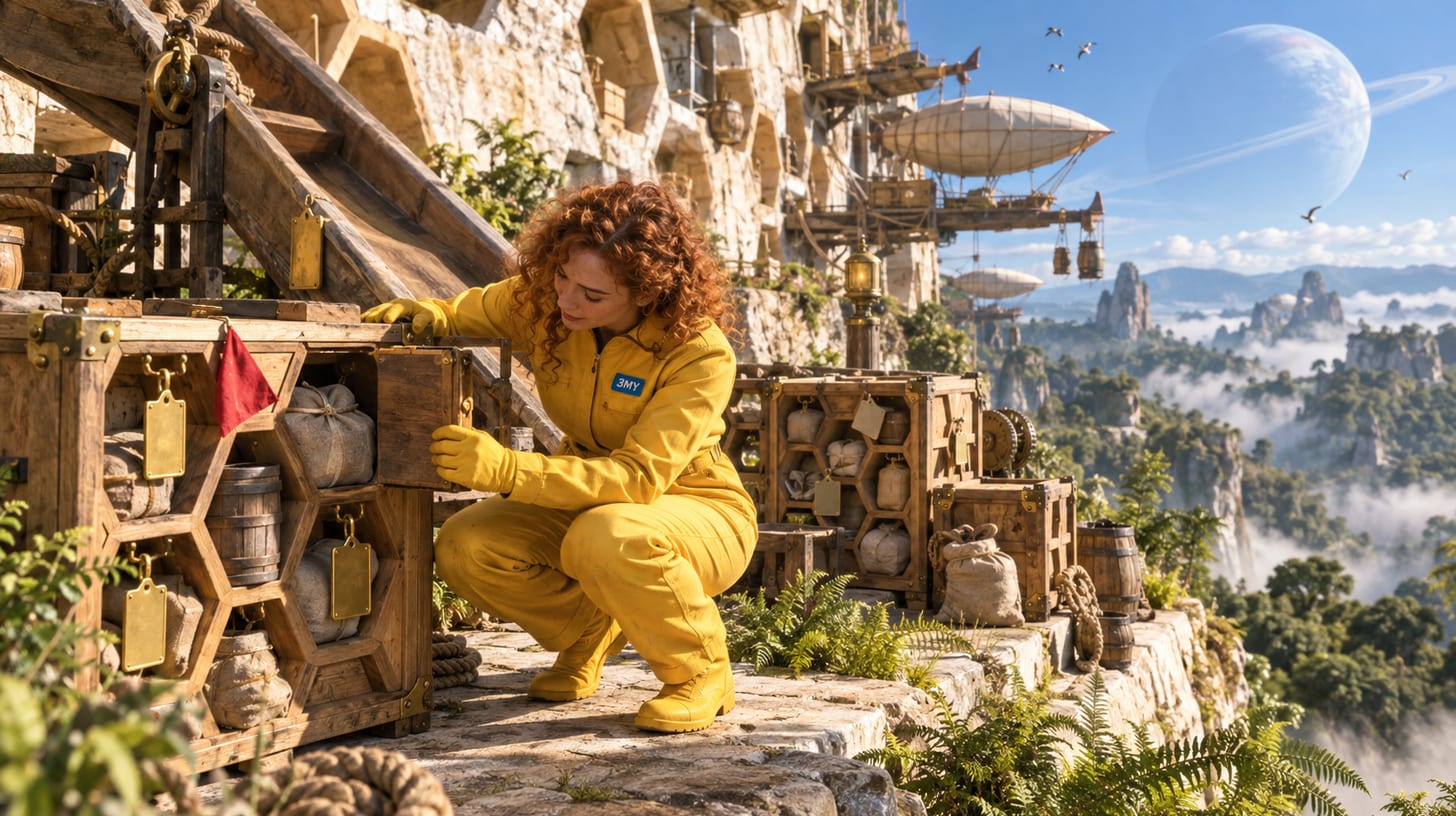 A crew member crouching to read a red flag on a returned crate