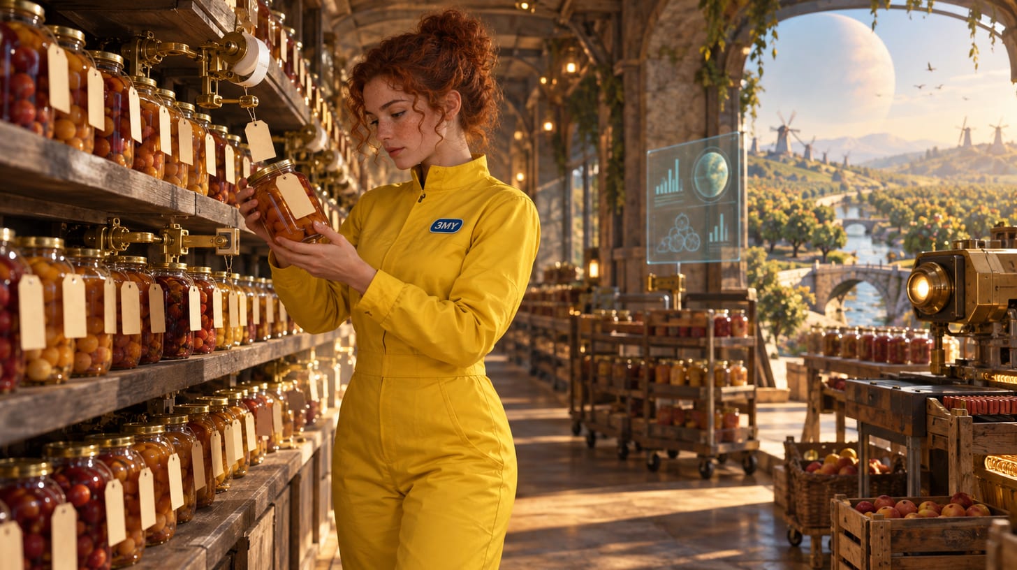 A long shelf of identical jars tagged by a small machine, with a crew member pulling out one jar to check its tag