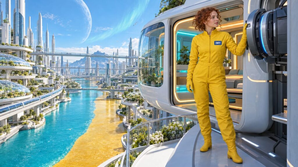 Crew member at a ready-made pod that glows in both colours but is clamped to a host tower