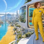 Crew member at a ready-made pod that glows in both colours but is clamped to a host tower
