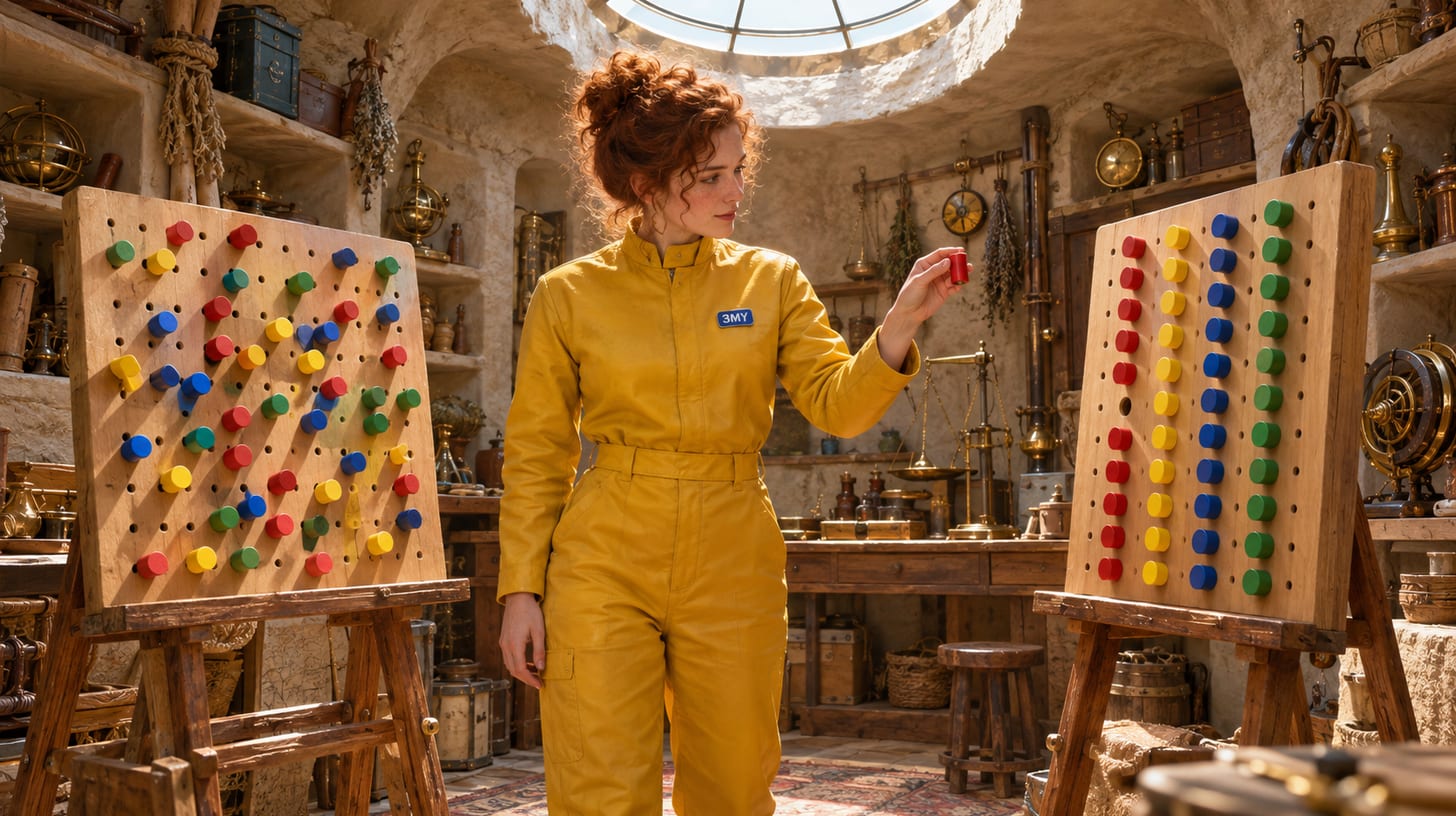 A crew member carrying one red peg from a board of jumbled coloured pegs to a board where the same colours stand in neat columns