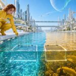 Crew member finding the same sensor grid empty in the amber river while different fish gather just beside it