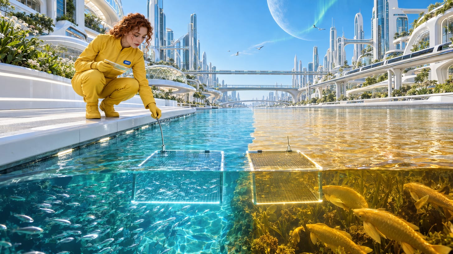 Crew member finding the same sensor grid empty in the amber river while different fish gather just beside it