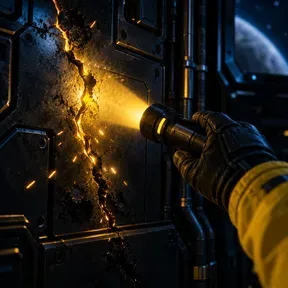 Flashlight beam revealing a sparking crack in a spaceship wall panel
