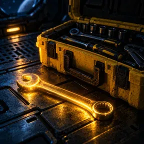Open yellow toolbox with one glowing wrench picked out first