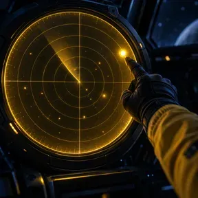 Crew member's gloved hand pointing at a single bright dot on a golden radar screen