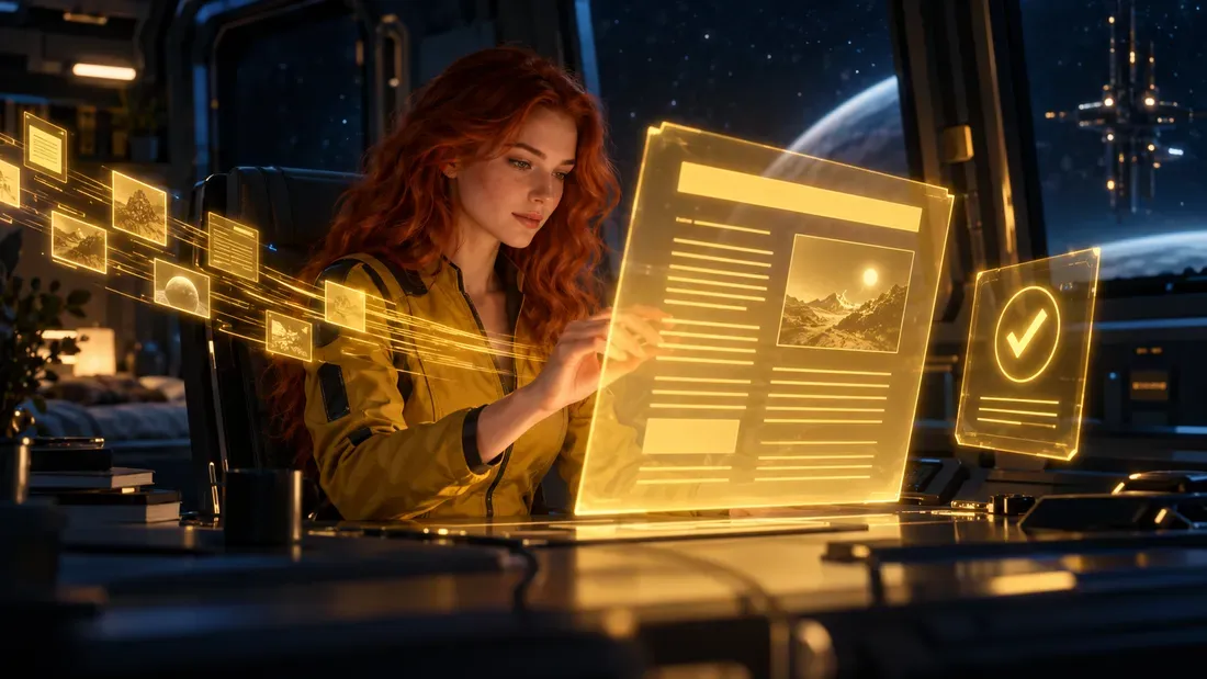 Crew member assembling a glowing article from fresh data, with a check mark panel for review