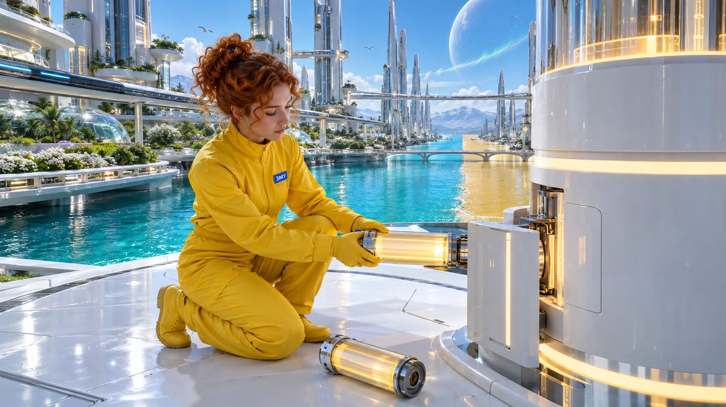 Crew member servicing a white energy core that powers the lights on both banks of the river