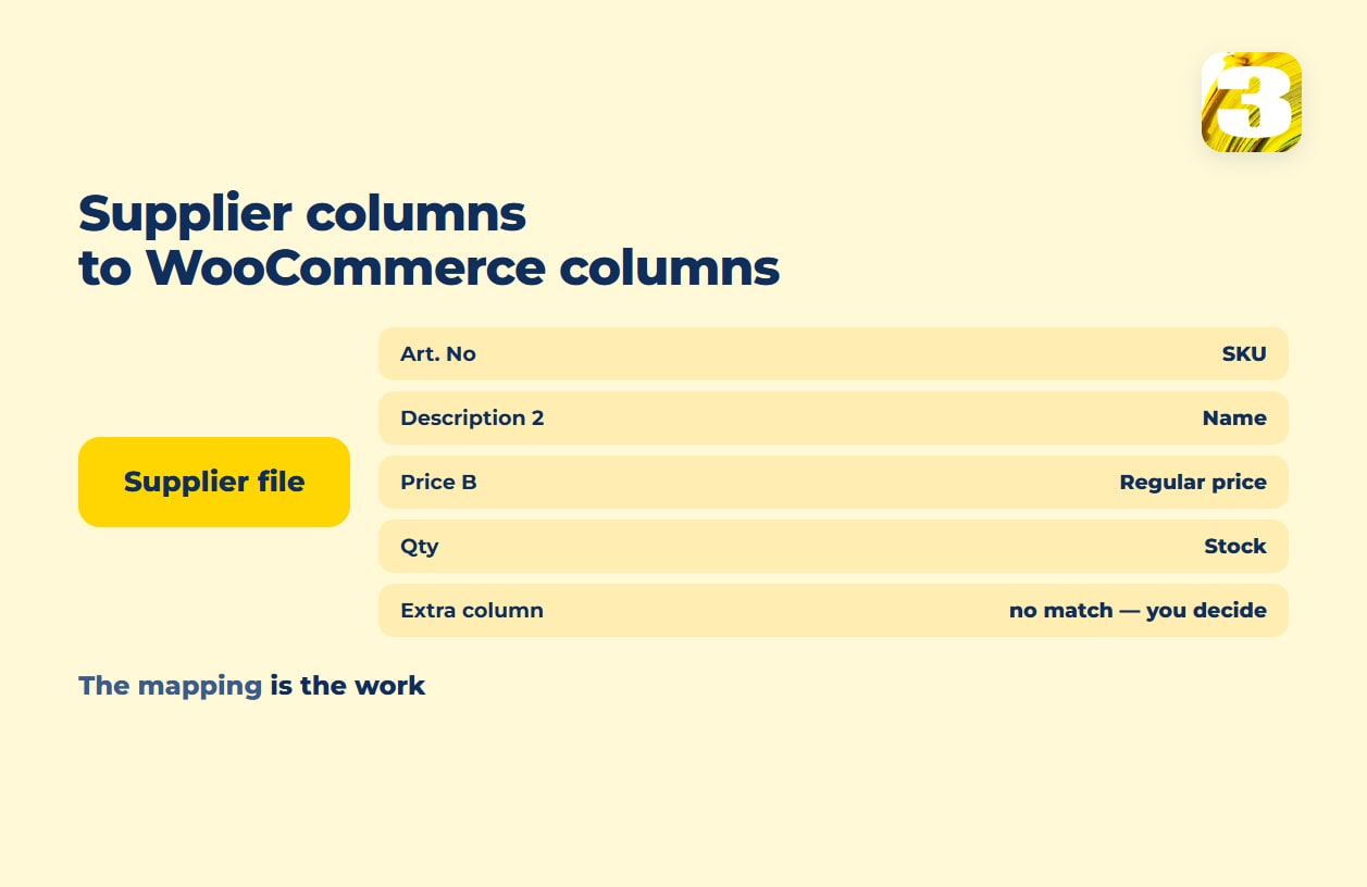 Schema: supplier file columns mapped to WooCommerce columns, with one column left unmapped