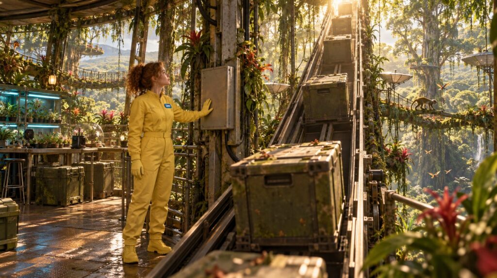 Crates already travelling up a delivery chute on their own beside a control housing with a smooth blank plate where a lever would be