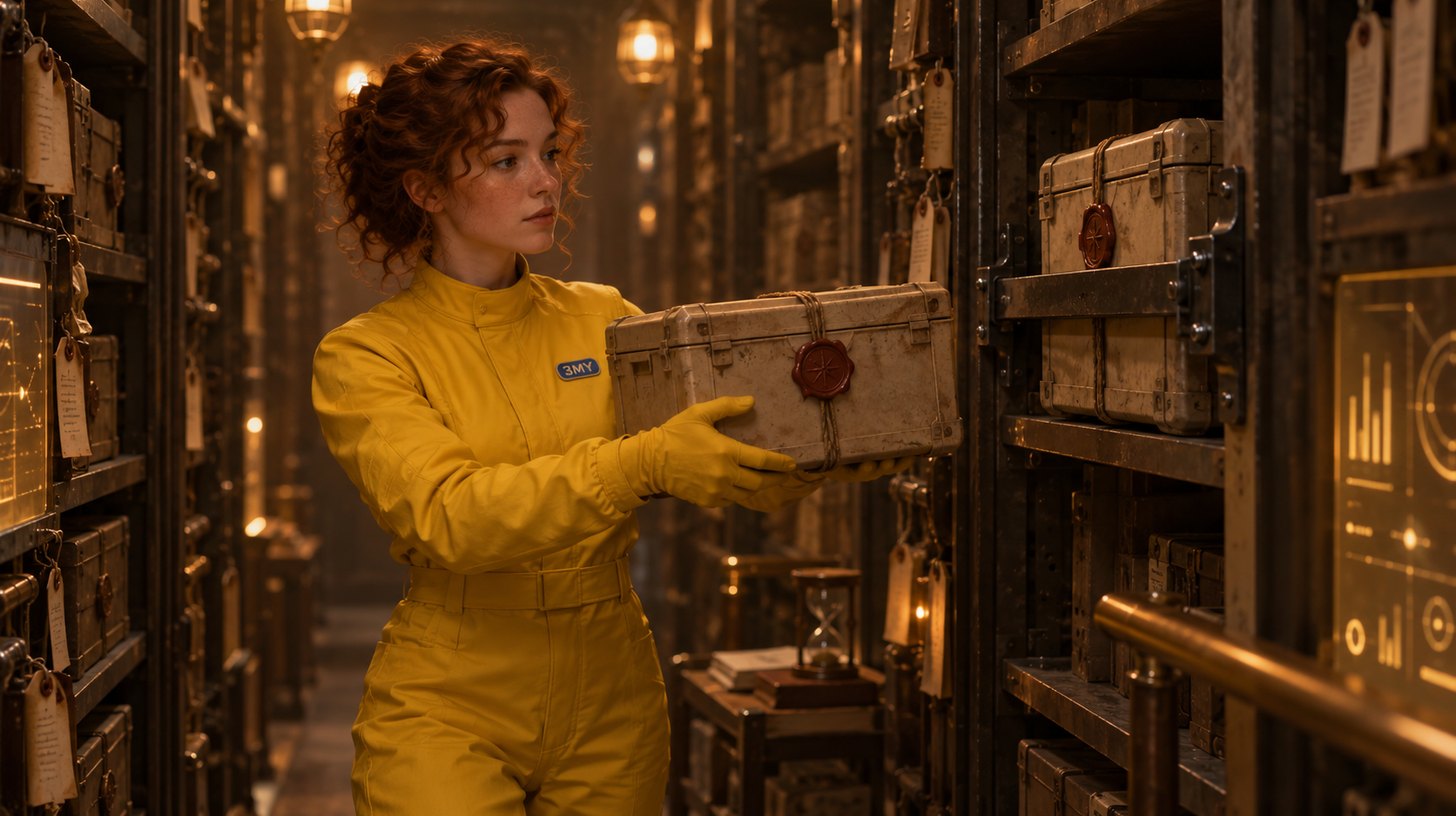 One sealed crate offered forward while an identical crate stays bolted into its shelf slot