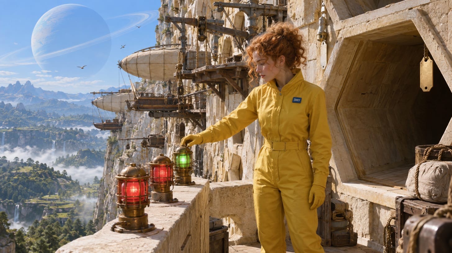 A crew member on a signal balcony reaching for a lever while a green lamp is still lit on a far pier next to an empty cell