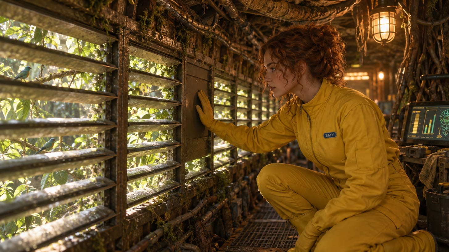 A crew member in a cramped crawlway under the canopy deck, her hands on the one closed vent in a long row of open ones